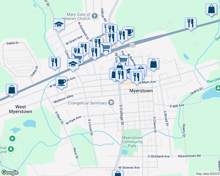 map of restaurants, bars, coffee shops, grocery stores, and more near 122 West Main Avenue in Myerstown
