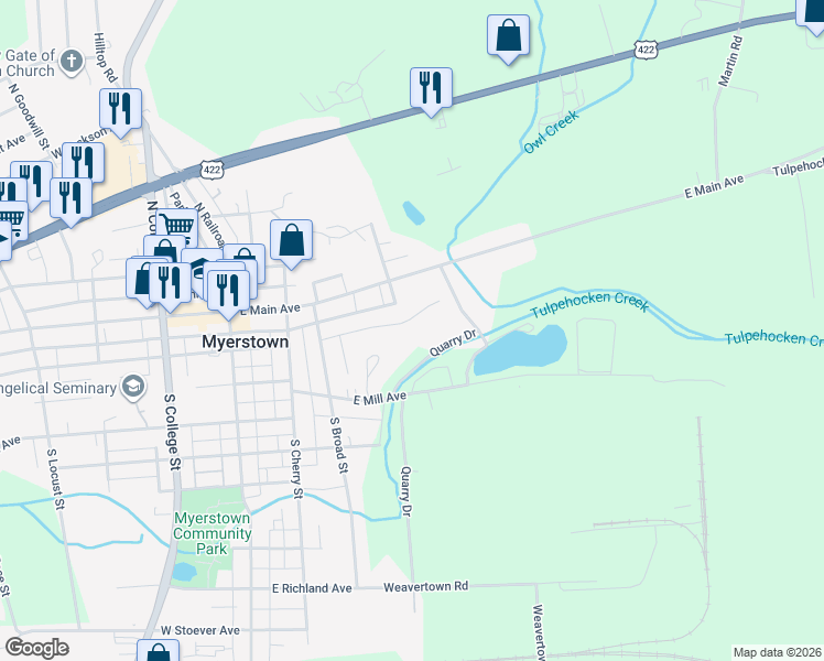 map of restaurants, bars, coffee shops, grocery stores, and more near 305 East Carpenter Avenue in Myerstown