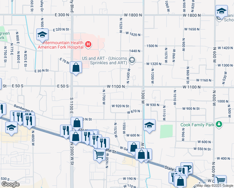 map of restaurants, bars, coffee shops, grocery stores, and more near 1541 West 1060 North in Pleasant Grove