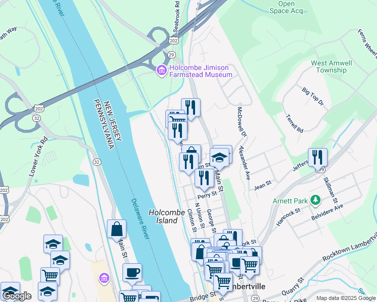 map of restaurants, bars, coffee shops, grocery stores, and more near 262 North Union Street in Lambertville