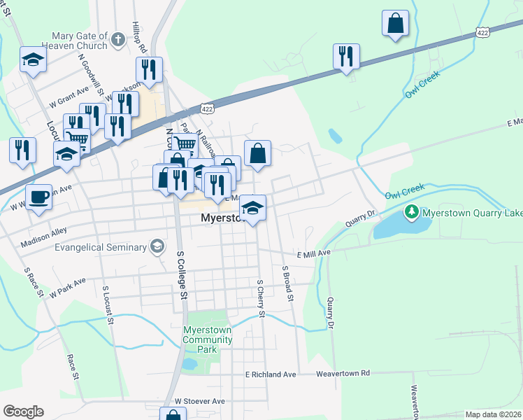 map of restaurants, bars, coffee shops, grocery stores, and more near 112 East Main Avenue in Myerstown