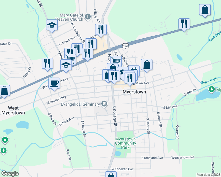 map of restaurants, bars, coffee shops, grocery stores, and more near 113 West Main Avenue in Myerstown