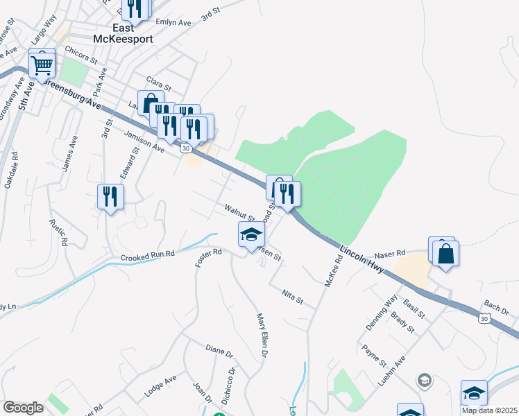 map of restaurants, bars, coffee shops, grocery stores, and more near 1320 Lincoln Highway in North Versailles