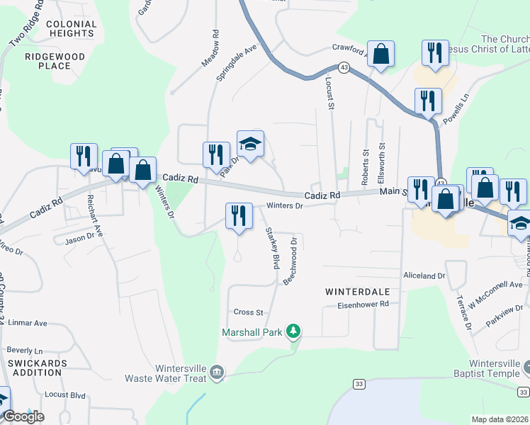 map of restaurants, bars, coffee shops, grocery stores, and more near 249 Winters Drive in Wintersville