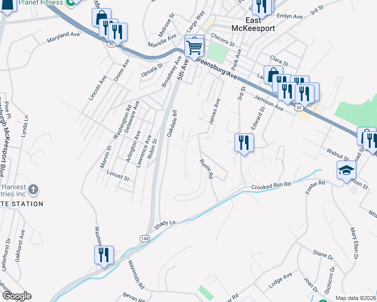 map of restaurants, bars, coffee shops, grocery stores, and more near 317 James Street in North Versailles