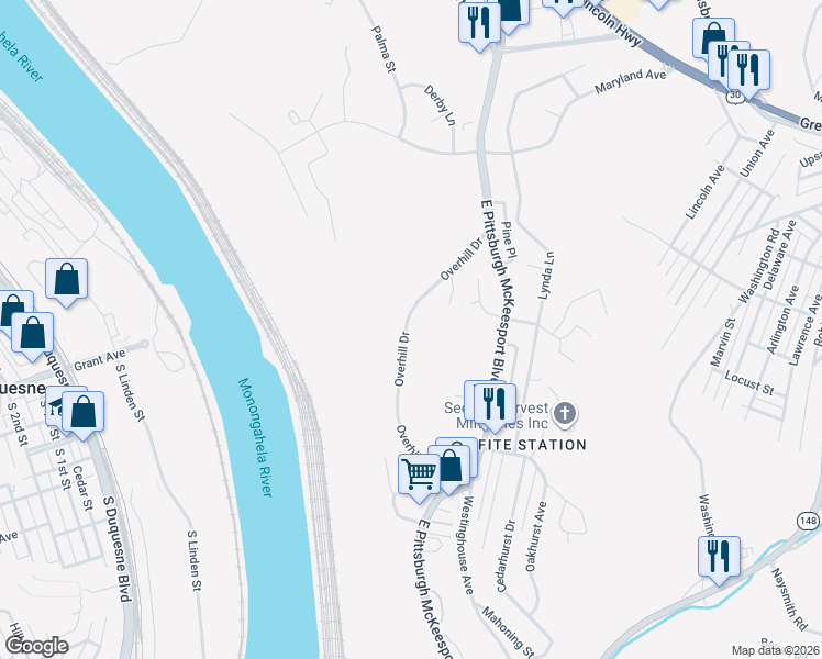 map of restaurants, bars, coffee shops, grocery stores, and more near 659 Overhill Drive in North Versailles