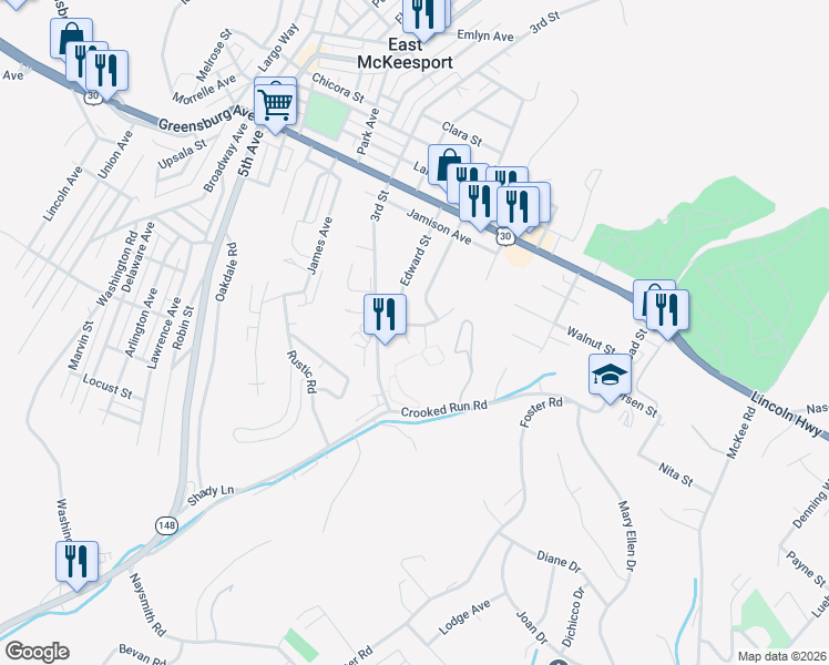 map of restaurants, bars, coffee shops, grocery stores, and more near 1025 Edward Street in North Versailles