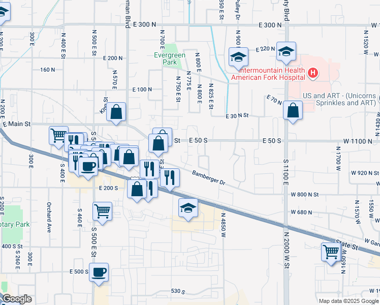 map of restaurants, bars, coffee shops, grocery stores, and more near 759 East 80 South in American Fork