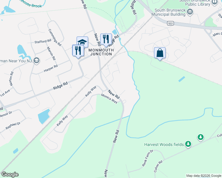 map of restaurants, bars, coffee shops, grocery stores, and more near 27 Old New Road in South Brunswick Township