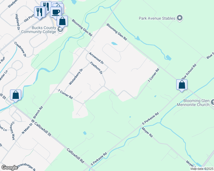 map of restaurants, bars, coffee shops, grocery stores, and more near 39 Firethorn Drive in Perkasie