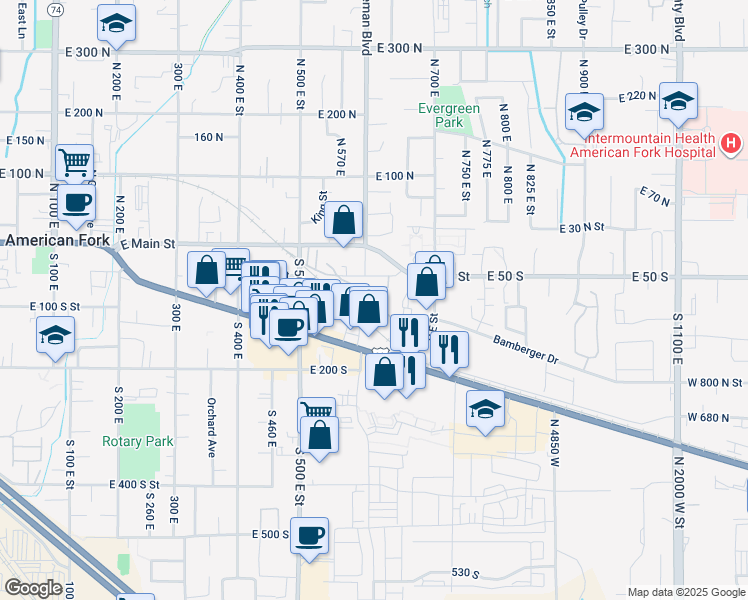map of restaurants, bars, coffee shops, grocery stores, and more near 108 S 610 E in American Fork