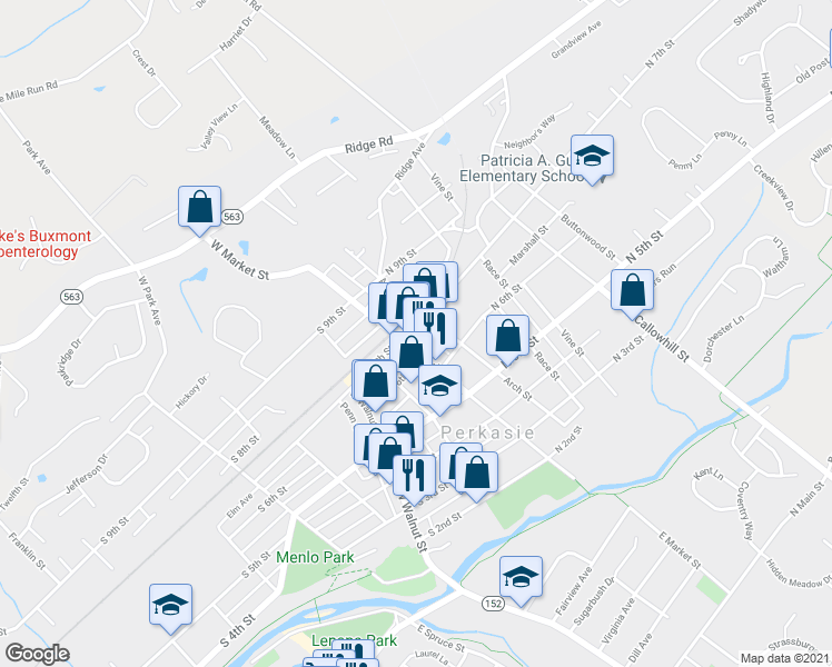 map of restaurants, bars, coffee shops, grocery stores, and more near 9 North 7th Street in Perkasie