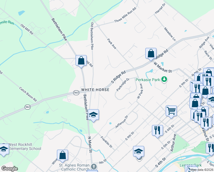 map of restaurants, bars, coffee shops, grocery stores, and more near 414 South Ridge Road in Perkasie
