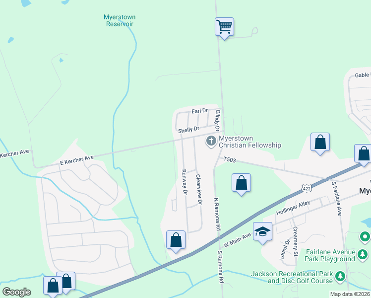 map of restaurants, bars, coffee shops, grocery stores, and more near 1300 East Kercher Avenue in Myerstown