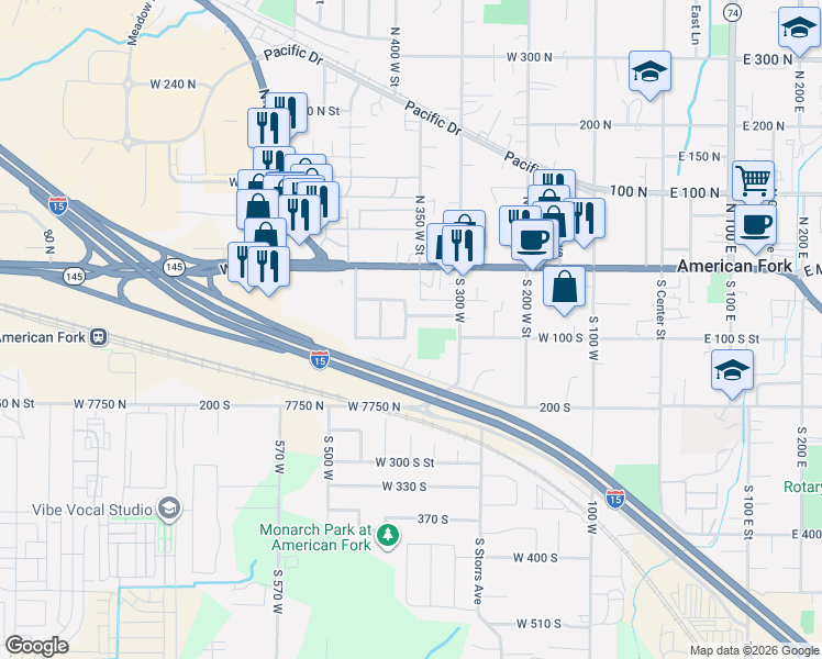 map of restaurants, bars, coffee shops, grocery stores, and more near 89 South Lincoln Avenue in American Fork