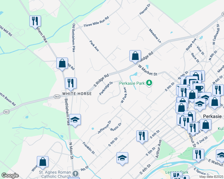 map of restaurants, bars, coffee shops, grocery stores, and more near 1309 Parkridge Court in Perkasie