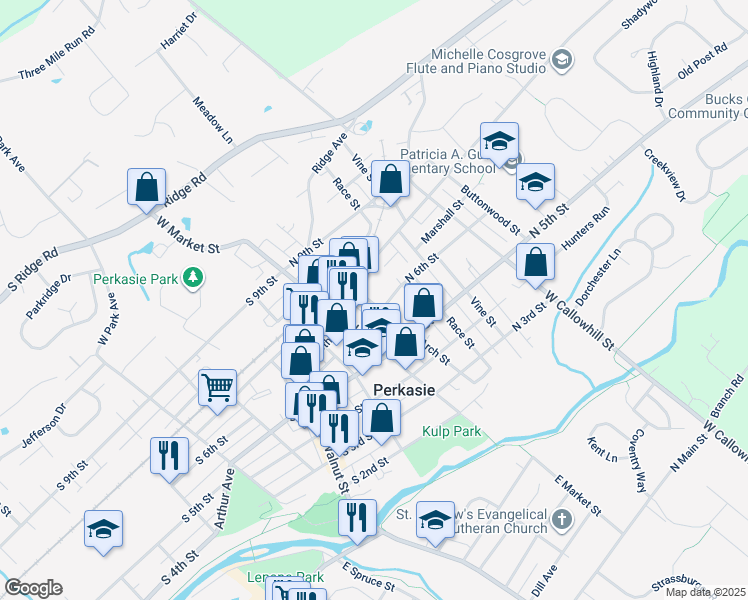 map of restaurants, bars, coffee shops, grocery stores, and more near 615 Arch Street in Perkasie
