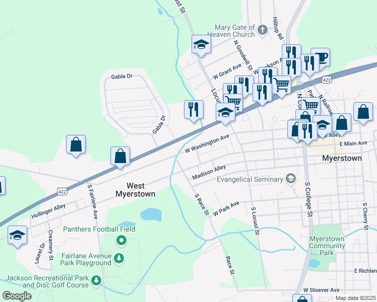 map of restaurants, bars, coffee shops, grocery stores, and more near 361 West Washington Avenue in Myerstown
