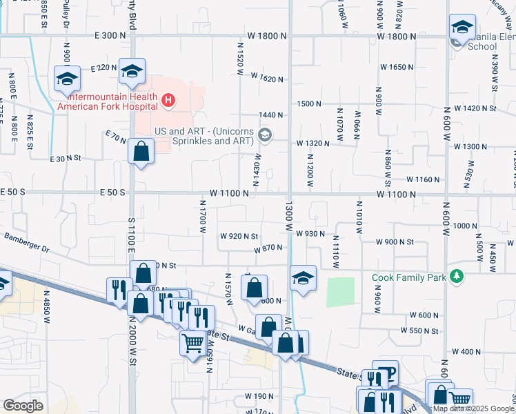 map of restaurants, bars, coffee shops, grocery stores, and more near 1065 North 1420 West Street in Pleasant Grove