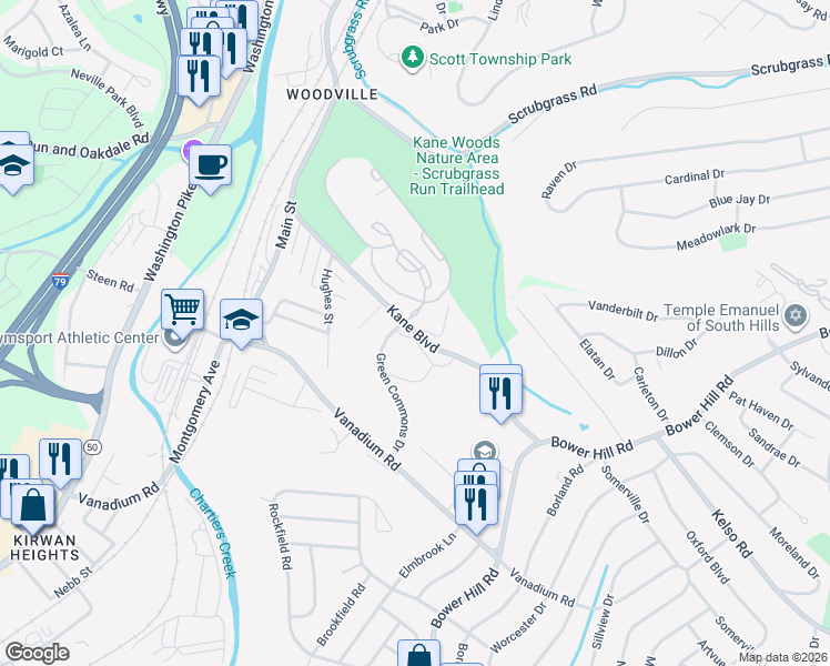 map of restaurants, bars, coffee shops, grocery stores, and more near 214 Kane Boulevard in Pittsburgh