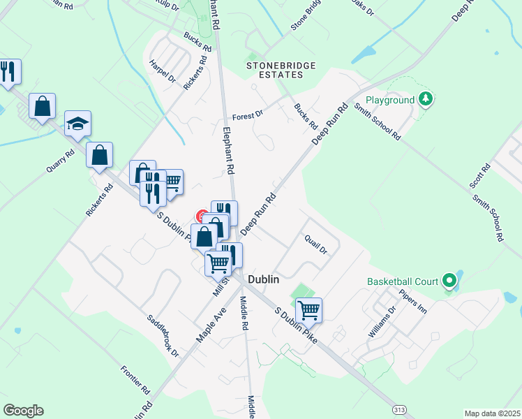 map of restaurants, bars, coffee shops, grocery stores, and more near 108 Deep Run Road in Dublin