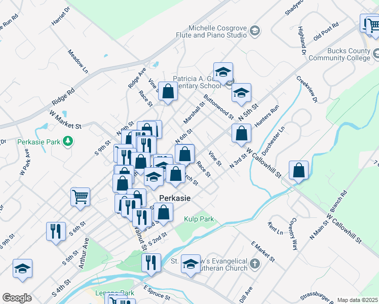 map of restaurants, bars, coffee shops, grocery stores, and more near 527 Race Street in Perkasie