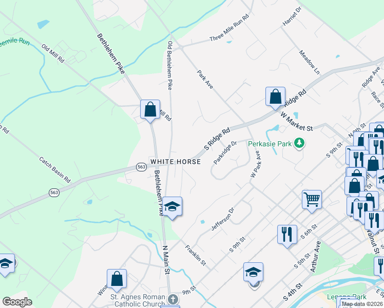 map of restaurants, bars, coffee shops, grocery stores, and more near 414 South Ridge Road in Perkasie