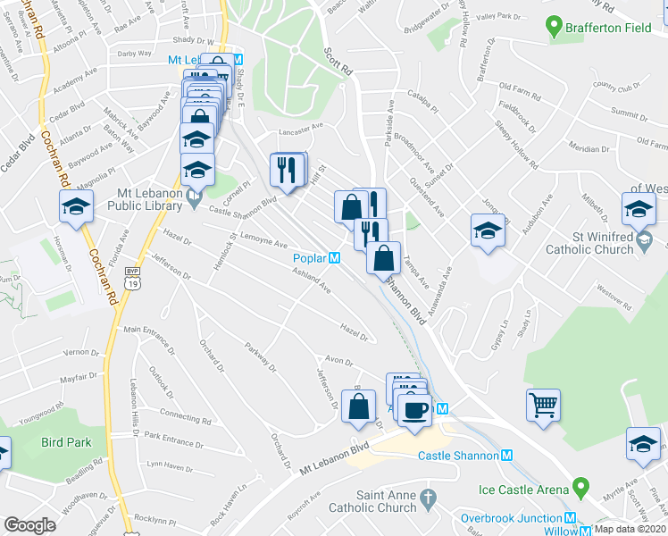 map of restaurants, bars, coffee shops, grocery stores, and more near 300 Pennsylvania Boulevard in Pittsburgh