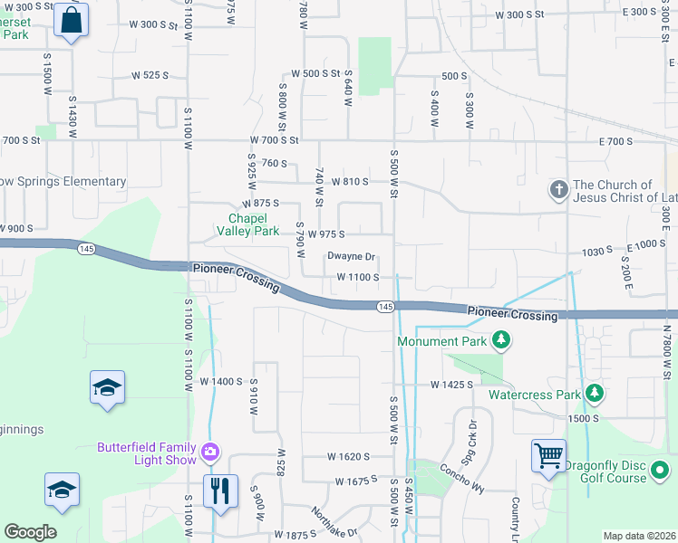 map of restaurants, bars, coffee shops, grocery stores, and more near 676 West 1100 South in Lehi