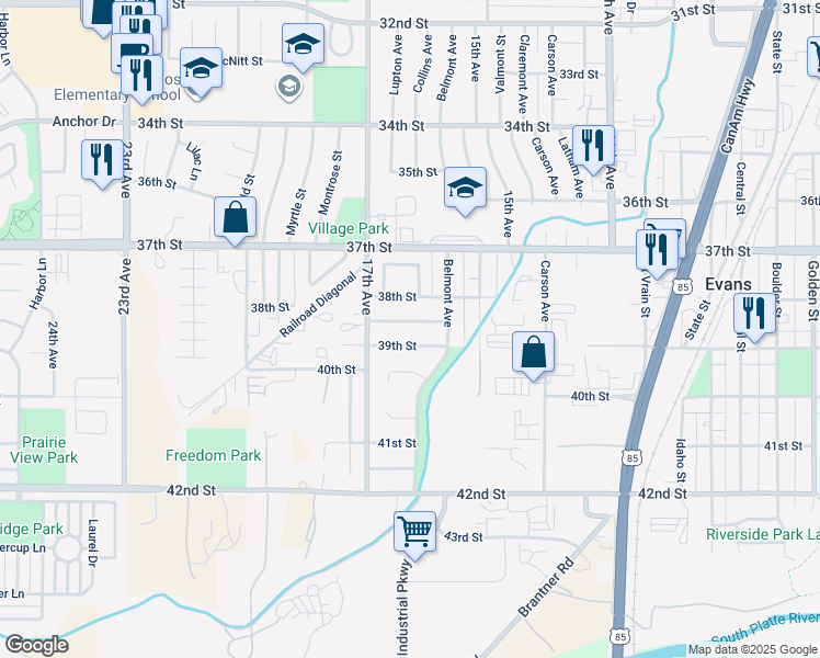 map of restaurants, bars, coffee shops, grocery stores, and more near 1601 38th Street Road in Evans