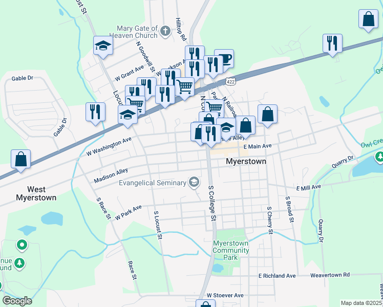 map of restaurants, bars, coffee shops, grocery stores, and more near 122 West Main Avenue in Myerstown