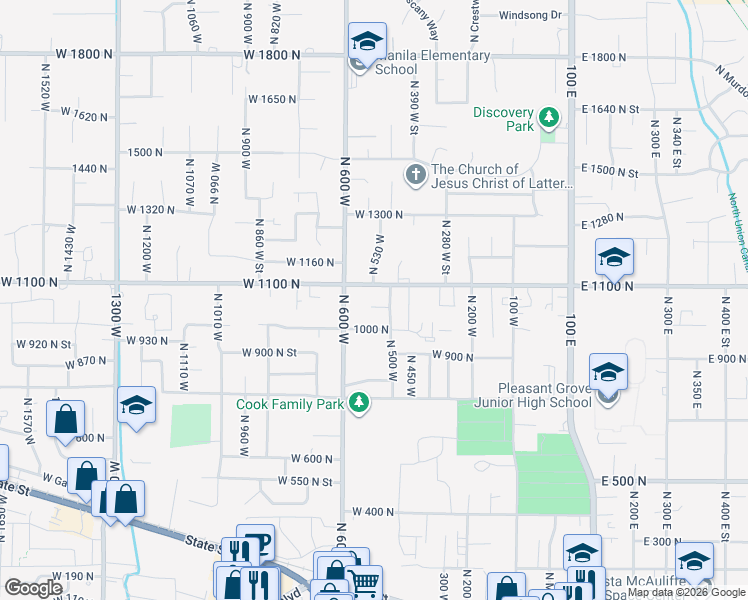 map of restaurants, bars, coffee shops, grocery stores, and more near 568 West 1050 North Street in Pleasant Grove