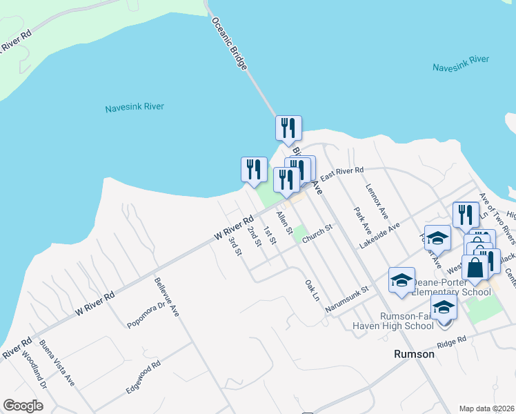 map of restaurants, bars, coffee shops, grocery stores, and more near 38 West River Road in Rumson