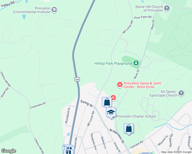 map of restaurants, bars, coffee shops, grocery stores, and more near 392 Mount Lucas Road in Princeton