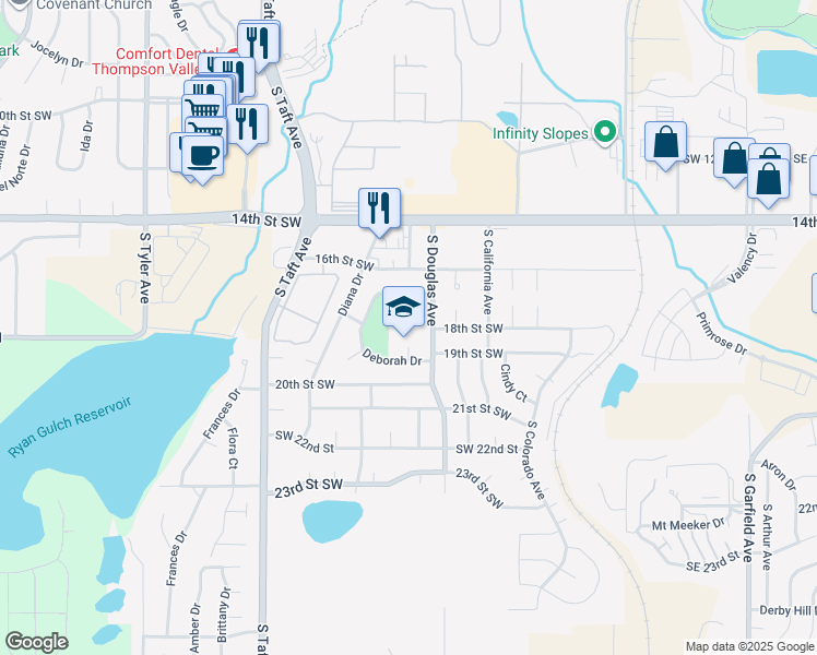 map of restaurants, bars, coffee shops, grocery stores, and more near 907-911 Daphne Drive in Loveland