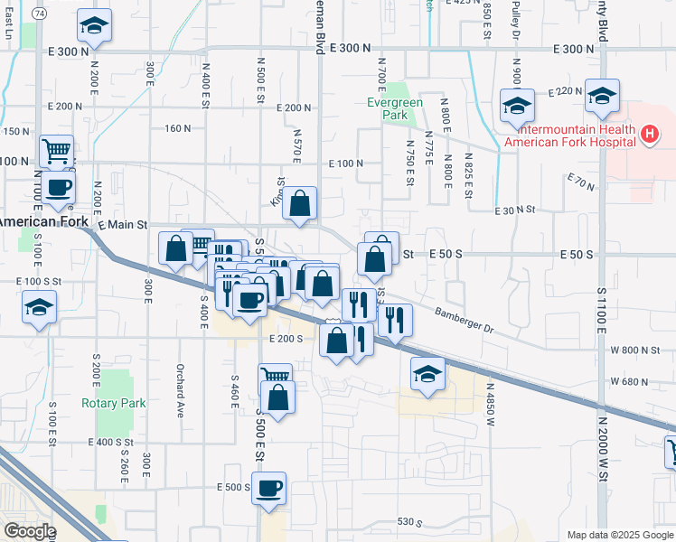 map of restaurants, bars, coffee shops, grocery stores, and more near 53 South 640 East in American Fork
