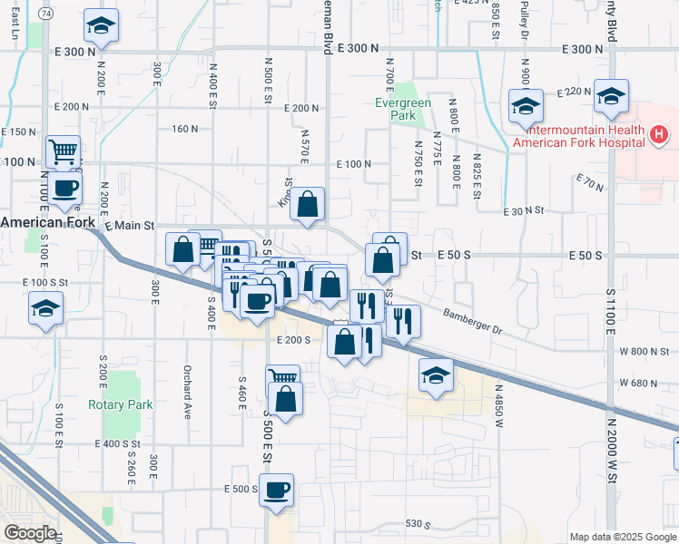map of restaurants, bars, coffee shops, grocery stores, and more near 53 South 640 East in American Fork