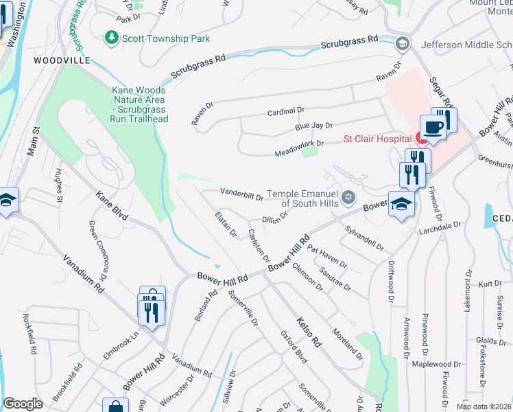 map of restaurants, bars, coffee shops, grocery stores, and more near 147 Vanderbilt Drive in Pittsburgh