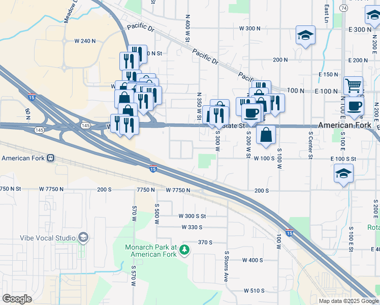 map of restaurants, bars, coffee shops, grocery stores, and more near 82 South Lincoln Avenue in American Fork
