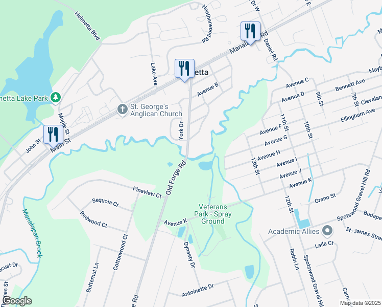 map of restaurants, bars, coffee shops, grocery stores, and more near 25 Old Forge Road in Helmetta