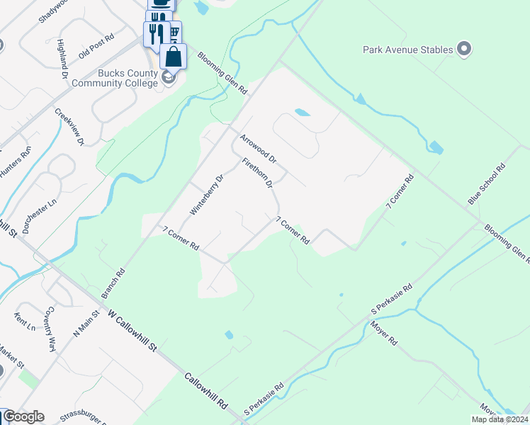 map of restaurants, bars, coffee shops, grocery stores, and more near 7 Corner Road in Perkasie