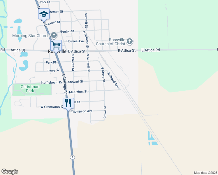 map of restaurants, bars, coffee shops, grocery stores, and more near 401-499 South Grove Street in Rossville