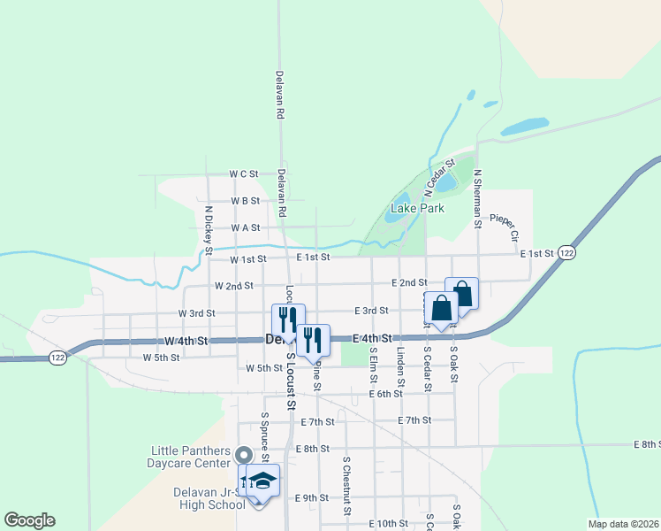 map of restaurants, bars, coffee shops, grocery stores, and more near 301-385 East 1st Street in Delavan