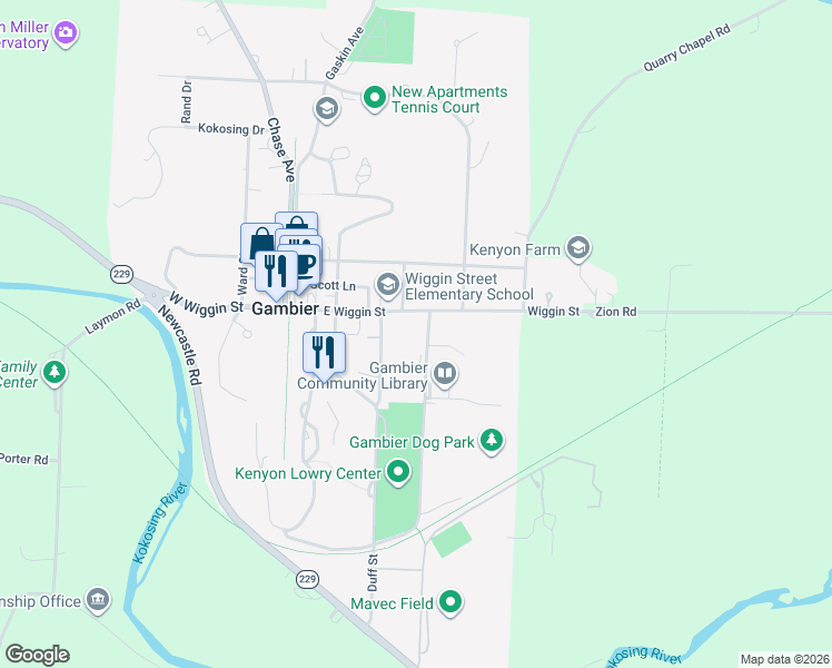 map of restaurants, bars, coffee shops, grocery stores, and more near 102 Meadow Lane in Gambier