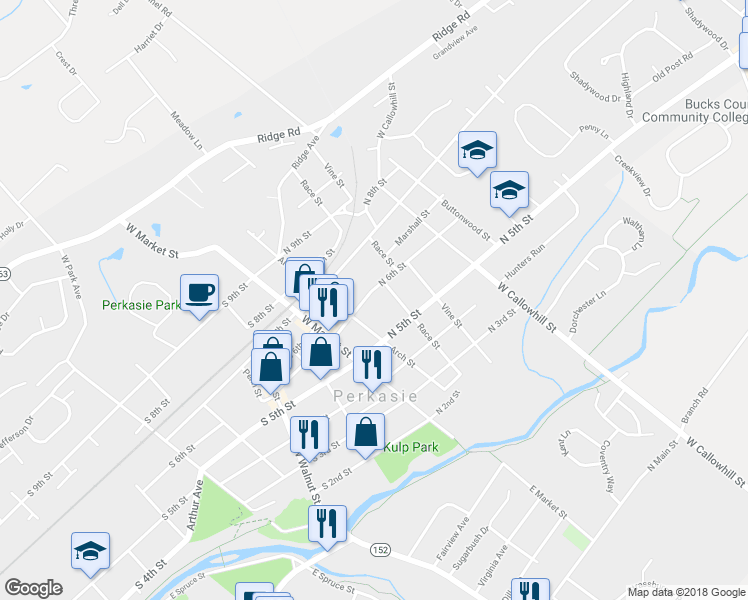 map of restaurants, bars, coffee shops, grocery stores, and more near 119 North 6th Street in Perkasie