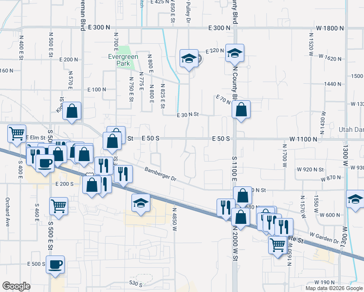 map of restaurants, bars, coffee shops, grocery stores, and more near 52 South 900 East in American Fork