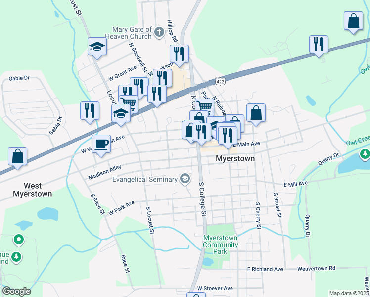 map of restaurants, bars, coffee shops, grocery stores, and more near 113 West Main Avenue in Myerstown