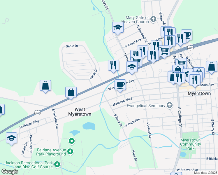 map of restaurants, bars, coffee shops, grocery stores, and more near 361 West Washington Avenue in Myerstown