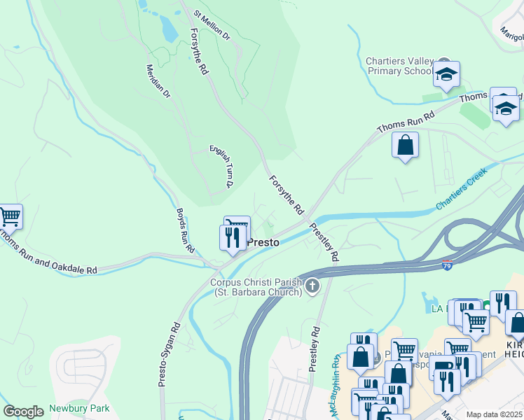 map of restaurants, bars, coffee shops, grocery stores, and more near 58 Price Road in Presto