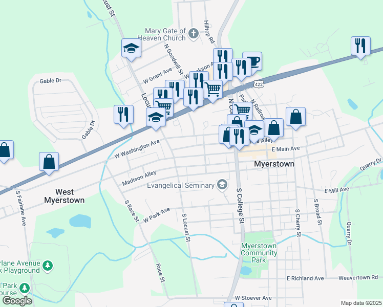 map of restaurants, bars, coffee shops, grocery stores, and more near 219 West Main Avenue in Myerstown